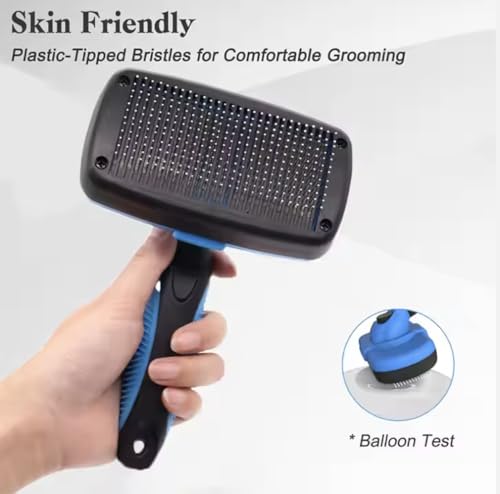 Image of Self-Cleaning Slicker Brush for Dogs & Cats - Deshedding Grooming Tool for Long & Short Hair - Blue
