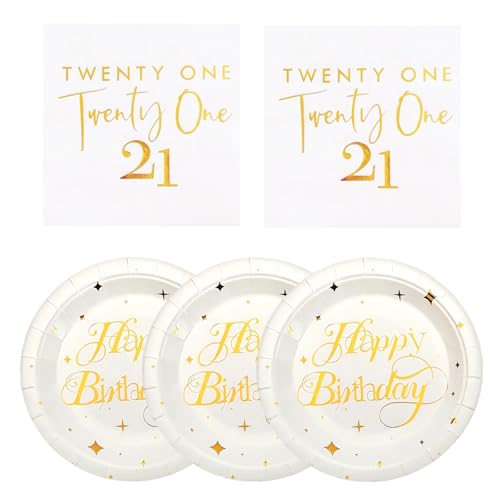 IETOSY White and Gold 21st Birthday Party Tableware Decorations Plates and Napkins Disposable Paper 21st Plates Napkins for Her Him 21 Years Birthday Party Supplies Serves 20