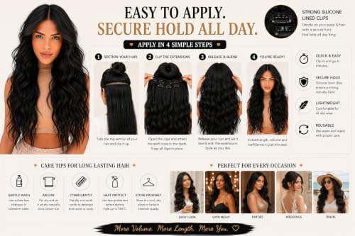 Image of Salon-Grade Clip-in Hair Extensions for Women, Imported Synthetic Hair, 6 PCS with 13 Secure Clips, Instant Volume, Natural Blend, Reusable Hair Volumizer (Black, Curly /Wavy)