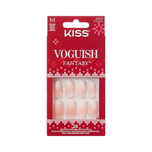 KISS Voguish Fantasy Holiday Press On Nails Almond, ‘Sleigh All’, Nude, Medium Length, No Damage To Natural Nails, Pink Gel Nail Glue (2g), Mini Nail File, Manicure Stick, & 28 Fake Nails