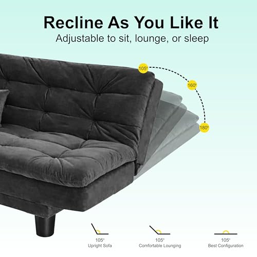 Image of Modern 3 Seater Sofa Cum Bed with Cushions, Foldable Convertible Couch, Velvet Fabric Sleeper Sofa for Living Room, Guest Room, Black