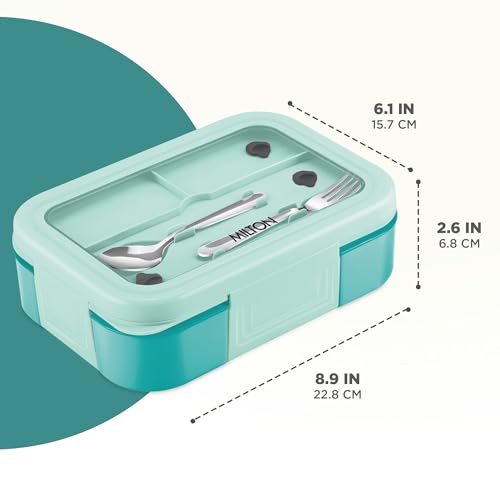 Image of Milton Ethan 3 Inner Stainless Steel Tiffin Box for School, 3 Partition, Steam Release Plug | PU Insulated, Leak-Proof, Food Grade I Lunch Box for Kids Boys, Girls with Snap Lock Lid,600 ml,Aqua Green