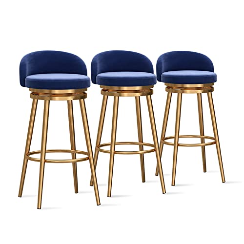 Juego de 3 taburetes tapizados de terciopelo moderno, patas de metal dorado, sillas de bar de desayuno con respaldo bajo para cocina, isla de comedor, 25.6 pulgadas de altura