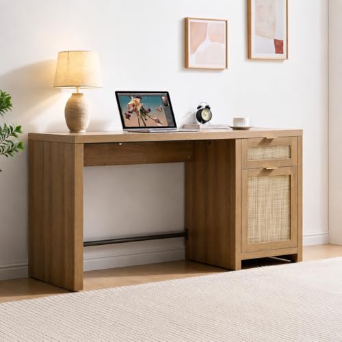 Image of SICOTAS Rattan Computer Desk Wood Desk with Drawer, 59 inch Home Office Desk | Large Boho Farmhouse Writing Table Vanity Desk with Cabinet for Office, Study, Living Room, Dining Room