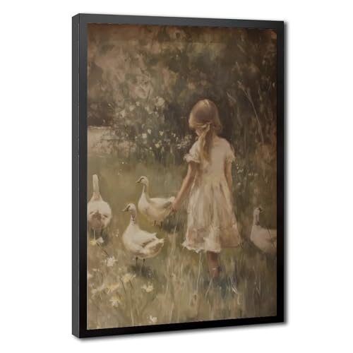 Vintage Little Girl and White Geese Oil Painting Print on