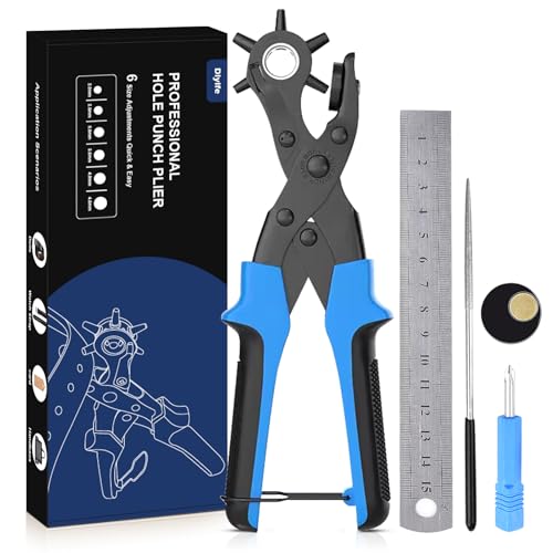 Lochzange für Leder [Volles Set], Diyife Gürtel Lochermit Komforthebel, Heavy Duty Lochzange mit 2 Extra Punch Platten und Lineal, Multi Sized Puncher für Gürtel, Kunsthandwerk, Karte, Gummi