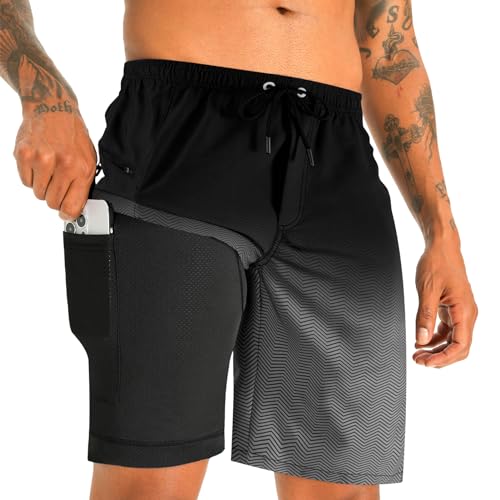 APTRO Swimming Shorts Men with Compression Liner Swim Trunks 2 in 1 Board Shorts with Zipper Pockets Quick Dry Summer Surfing Sport 9 inch Gradient Black MK352 L