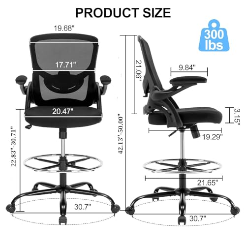 Image of Drafting Chair, Tall Office Chair for Standing Desk, Ergonomic Standing Desk Chair with Flip-up Armrests, Counter Height Office Chair with Footrest and Adjustable Lumbar Support