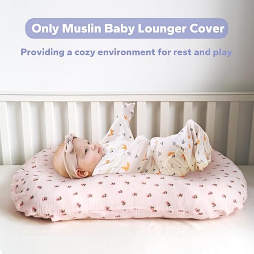 Image of FUNUPUP Muslin Baby Lounger Cover Only, Pink & Pink Flower | 100% Muslin Cotton Soft Breathable Easy On /Off Envelope Closure Machine Washable Easy-Clean Protector Neutral Colors