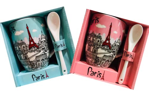 Lot de 2 mini tasses Paris Tour Eiffel avec cuillère, motif monuments de Paris couleurs pastel