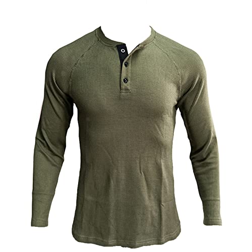 Men's Henley Shirt Long Sleeve Waffle Thermal Underwear Henley Top Casual Slim Fit Lightweight 3 Button T Shirts (Green,Large)