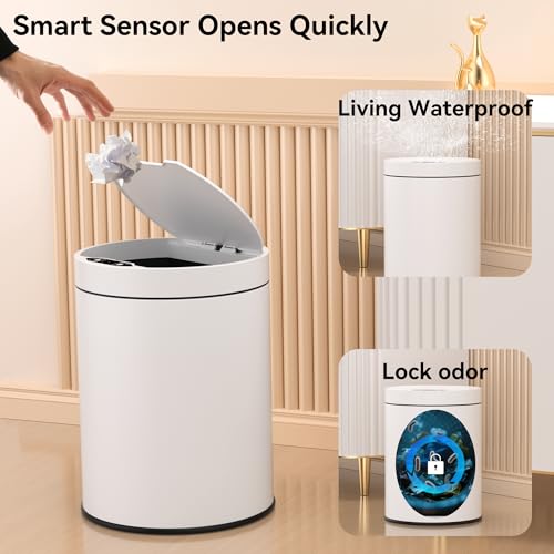 Image of Bathroom Trash Can with Lid 2.6 Gallon Stainless Steel TrashCans Automatic Bathroom Garbage Can for Bedroom, Kitchen, Office