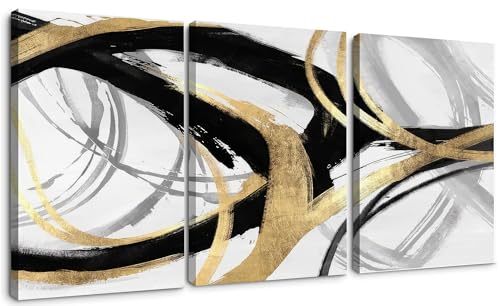 Image of DUWQU Triptych Black Gold White abstract Lines Canvas Wall Art 16x24 in x3