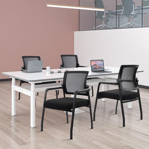 Image of KLASIKA Desk Chair No Wheels with Adjustable Mesh Backrest, Arm Chair with Ergonomic Lumbar Support and Thickened Seats Cushion, Waiting Room Chairs for Office School Church Guest Reception, 4PACK