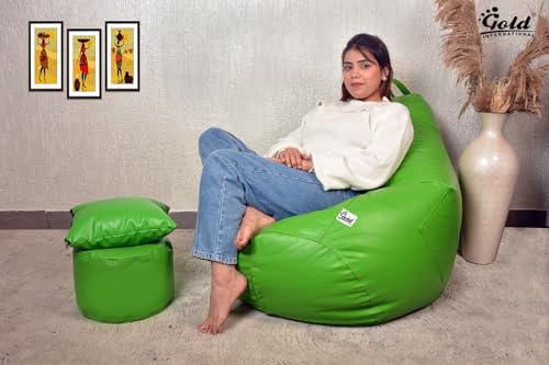 Image of Gold 3XL Bean Bag Combo with Footstool & Cushion | Faux Leather Teardrop Bean Bag for Adults & Teens | Pre-Filled with Beans | Home, Bedroom, Living Room, Office (3XL - Green)