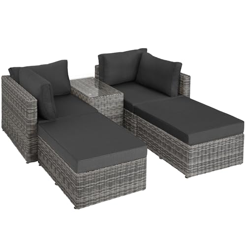 tectake® Rattan Gartenmöbel Set, Variable Lounge Möbel für 4/2 Personen mit Alu Gestell, Ecksofa, Liege, großes Sofa mit Tisch/Doppelliege, Balkonmöbel Outdoor, Terrassenmöbel (hellgrau/dunkelgrau)
