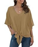 Picture of VIISHOW Womens Tie Front Loose Short Sleeve V Neck Floral Blouses Chiffon Tops Summer Shirts,Khaki,X-Large