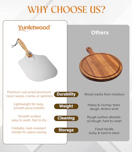 Yunletwood Pizza Peel 12-Inch Aluminum Pizza Paddle & Spatula with Pizza Cutter Rocker, Foldable Wood Handle – Pizza Server for Baking Homemade Bread, Pastry & Dough, for Family Pizza Oven