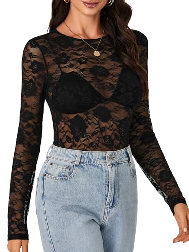 LYANER Women's Sexy Mesh Top Floral Long Sleeve See Through Shirt Lace Sheer Blouses3
