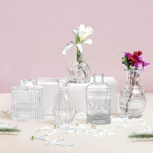 Image of TIED RIBBONS Glass Bud Vases for Flowers - Pack of 5 Clear Antique Glass Centrepiece for Mini Flowers- Antique Collections for Floral Arrangements Home Decorations Item for Home Decor