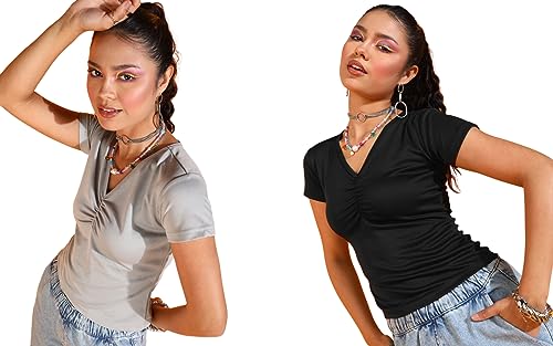 Image of POPWINGS Casual Solid V-Neck Short Sleeves Summer Wear Tops Combo for Women