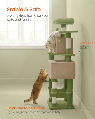 Image of Feandrea Cat Tree, 59.5-Inch Tall Cat Tower, Plush Multi-Level Condo with 5 Scratching Posts, 2 Perches, 2 Caves, Hammock, 2 Pompoms, Grass Green and Camel Brown UPCT192C03