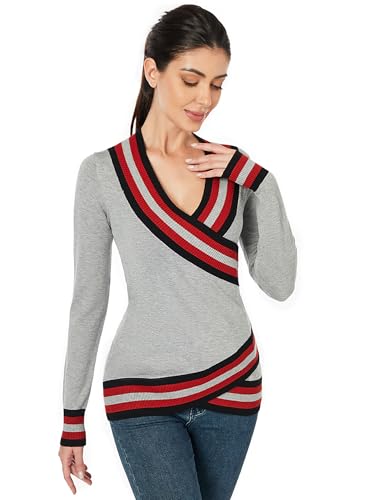 AmélieBoutik Women deep V Neck Sexy Faux Wrap Slim Fitted Striped Trim Long Sleeve Blouse Sweater Top3