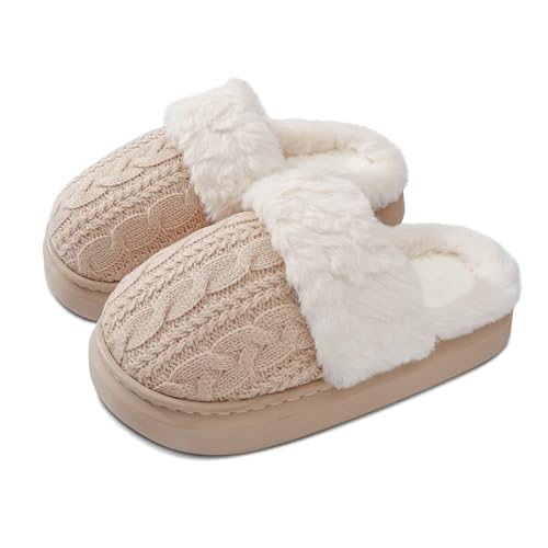 Women's Fuzzy Knit House Slippers with Faux Fur Lining, Warm Comfy Non-Slip Indoor Outdoor Bedroom Shoes for Fall Winter