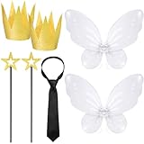 7 Pcs Halloween Fairy Parents Costume Include Fairy Star Wands Wing Gold Crown and Tie for Men Women Dress Up