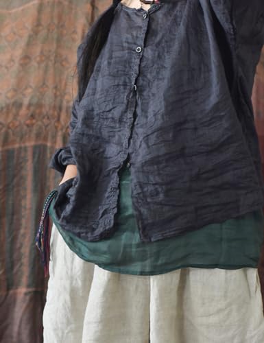 NFYM Womens Summer Lightweight Sheer Button Down Shirt Handmade Threading 3/4 Sleeve Ramie Linen Shirt Blouse3