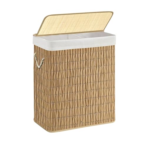21Bamboo Cesto para la colada de ratán de 90 l, 2 compartimentos, con tapa y bolsa extraíble, estable, plegable, para baño, dormitorio y lavandería, 46 x 33 x 60 cm