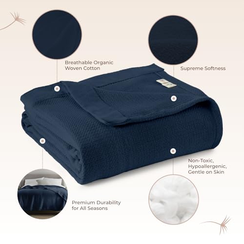 Image of 100% Organic Cotton Blanket - GOTS & Fairtrade Certified Organic Cotton Throw Blanket for Bed with a Heavy & Breathable Single Knit Weave - Great as Bedspread or Coverlet (Navy, Full /Queen)