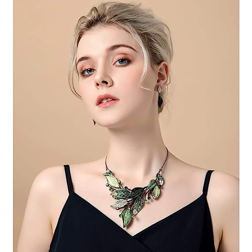 Amyjane Vintage Statement Necklace Set - Spring Green Leaf Floral Crystal Rhinestone Plant Statement Jewelry Set Fashion Bib Jewelry For Women Wedding Prom Party Elegant Gift Idea #TOP1