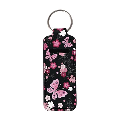 Stuoarte Car Lipstick Keychain Butterfly Flowers Lip Balm Holder Keychain For Womens, Clip-On Multifunctional Auto Keychains Portable Neoprene Car Chapstick Holder Keychain #TOP26