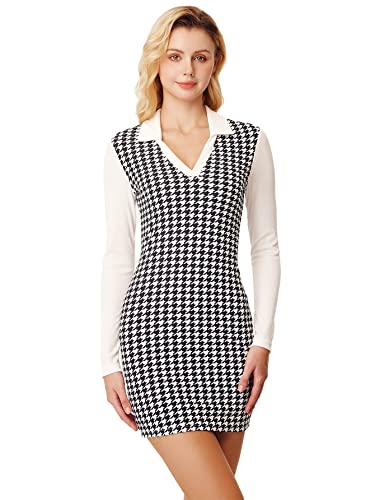 Wdirara Women's Houndstooth Print V Neck Long Sleeve Collared Bodycon Mini Dress Black And White S #TOP19