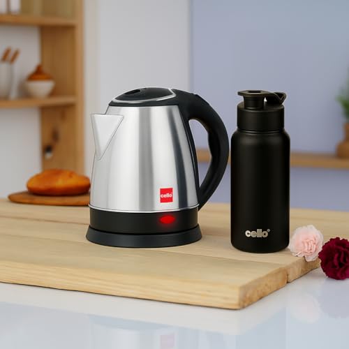 Image of CELLO Lifestyle Stainless Steel Electric Kettle 1.5L + Sippa Steel Water Bottle 500 ml Black Combo | Double Wall, Auto-Shut Off Protection, Cool Touch Handle | Electric Kettle For Boiling Hot Water