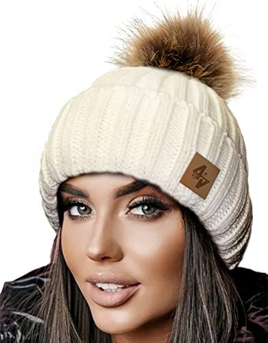 4sold Mens Womens Beanie Warm Winter Cable Knitted Bobble Hat Plain Ski Pom Wooly Cap Full Cosy Fleece Liner