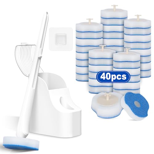 Enspoway Disposable Toilet Brushes & Holders: Toilet Cleaner Wand with Disposable Heads 40PCS & Storage Caddy - Wall Mounted Scrubber Sudsy Cleaning System for Bathroom Tiny Space