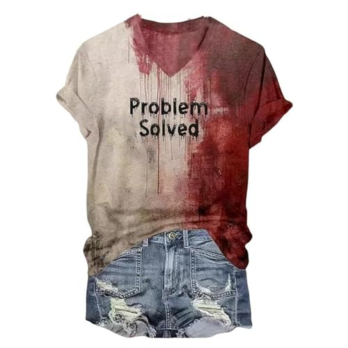 Women's Bloody Problem Solved Halloween Print V-Neck T-Shirt, Neattidyly Funny Halloween T-Shirt Printing Splatter