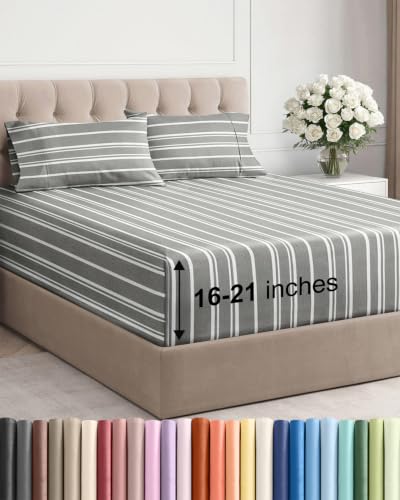 Image of Extra Deep Pocket Cal King Sheet Set - Breathable & Cooling - Grey Stripes