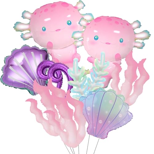 Image of 11Pcs Pink Axolotl Balloons,Seashell Coral Seaweed Balloon For Axolotl Birthday Party Decoration /Under the sea,Mermaid Party Decor,Axolotl Graduation,Pixel Game Axolotl Party Decor