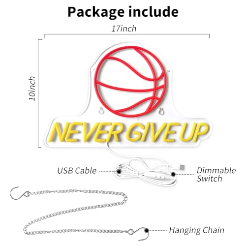 Image of Never Give Up Basketball Neon Sign - 17 inchx10 inch Wall Decor for Boys Bedroom Classroom, Dimmable LED Neon Light Sign for Gym Man Cave Decor, Motivational Gift for Teen Boys, Men & Basketball Lovers - USB Powered (Red & Yellow)