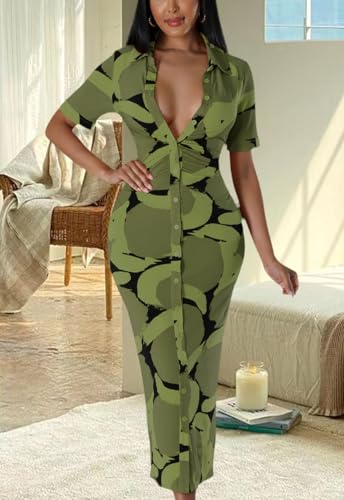 Image of ZERMOM Women's Button Down Shirt Dress Short Sleeve Print Collar V Neck Summer Bodycon Midi Dresses