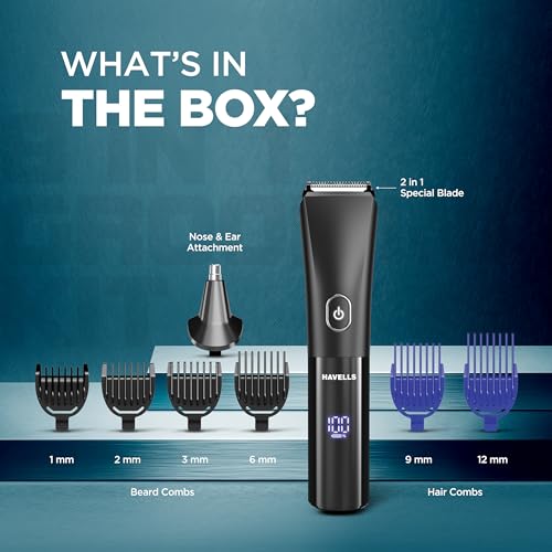 Image of Havells 8 in 1 Digital Grooming Kit |2-in-1 Special Blade|Nose & Ear Attachment|4 Beard & 2 Hair Combs|Type C Turbo Charge|No Nicks & Cuts|2 Year Guarantee|GS7608