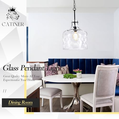 Image of CATINER 16 inch Farmhouse Hammered Glass Pendant Light, Black Hanging Light | 16 inch farmhouse hammered glass pendant light with hand-blown shade, adjustable chain and E26 socket for kitchen islands