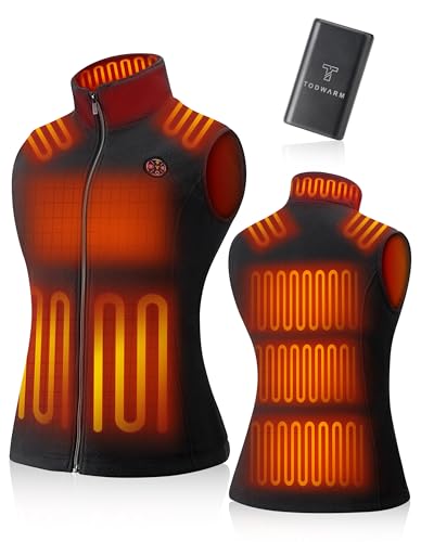TODWARM Beheizbare Weste Damen Fleece mit Powerbank, 15 Heizzonen Heizweste Damen Fleece Leicht Wärmeweste für Camping Wandern Jagen Trekking Angeln Outdoor Aktivitäten Beheizte Weste Schwarze L