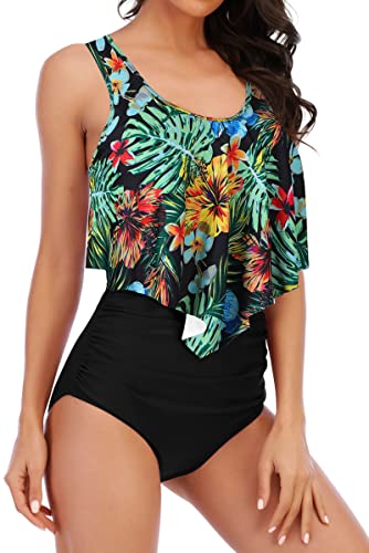 Womens High Waisted Swimsuits Flounce Swimwear Racerback Tankini Tummy Control Bikini Bottoms Vintage Two Piece Modest Bathing Suits Colorful Tropical M #TOP3