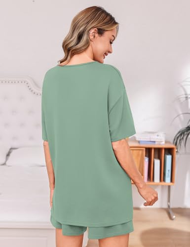 Totatuit Women's Casual 2 Piece Short Sets Oversized Slit Hem T-Shirt and High Waisted Shorts Pajama Set Soft Loungewear for Vacation Sage Green Medium — view 5