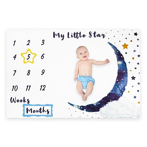 Image of Mction Life Baby Milestone Monthly Blanket for Newborn Boy Girl Month Age Growth Chart Photo Throw Blanket Gender Neutral Moon and Star Photography Unisex First Year Calender