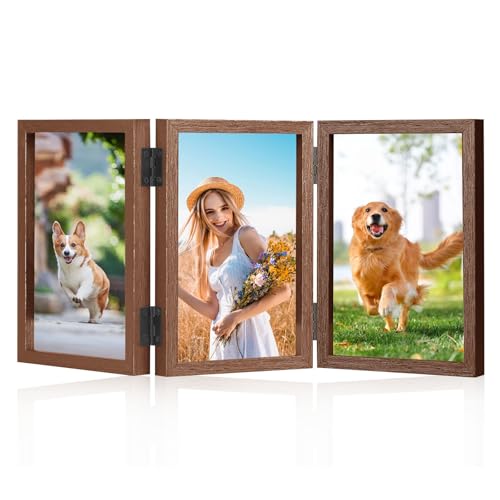 Trifold Photo Frame 6x4 inches Picture Frame Collage for 3 Photos Hinged Triple Foldable Frames with Acrylic Plate 180 Foldable Hinged Picture Frame for Wedding Family Tabletop Desk Display (Brown)